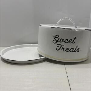 White Ceramic Cake Dome with 'Sweet Treats' Print